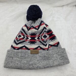 Pendleton Beanie Hat Gray Knit Red Navy Geometric Cuff Pom Winter Warm Mens OSFM